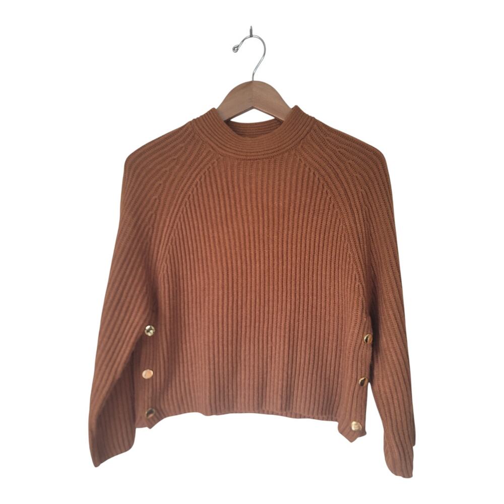 Topshop Side‎ Button Sweater Crew Neck Brown Rib Knit Pullover Women's US 4-6